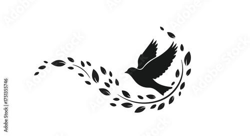Elegant silhouette of a bird taking flight amidst swirling leaves and abstract shapes, symbolizing freedom and new beginnings.