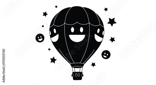 Joyful hot air balloon with smiling faces floats among stars and happy emojis