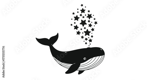 Whimsical whale spouting a magical constellation of stars against a white background