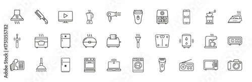 Consumer electronics and home appliances line icon set. Vector pictograms of blenders, toasters, refrigerators, washing machines, and smart devices, thin linear illustration.