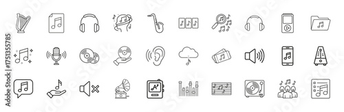 Music and audio line icon set. Vector pictograms of headphones, microphone, vinyl records, notes, metronome, saxophone, harp, and sound devices, thin linear illustration.