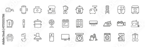 Household electronics and kitchen appliances line icon set. Vector pictograms of toaster, blender, oven, refrigerator, washing machine, vacuum, iron, coffee maker, kettle, linear illustration.