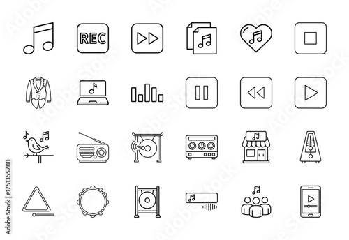 Music and entertainment line icon set. Vector pictograms of musical note, playback controls, instruments, audio devices, and music store, thin linear illustration.