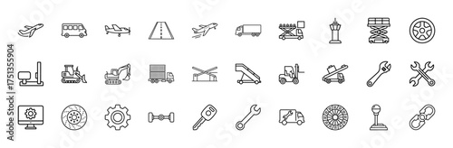 Transportation, logistics, and automotive line icon set. Vector pictograms of airplane, bus, truck, excavator, forklift, wrench, gear, and wheel, thin linear illustration.