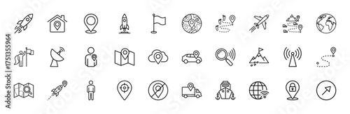 Navigation line icon set. Vector pictograms of map pins, rockets, airplanes, globes, delivery truck, ship, satellite dish, paths, and persons, thin linear illustration.
