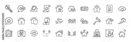 Real estate line icon set. Vector pictograms of key, sale, rent, agent, security, construction, smart home, finance, blueprint, maintenance, thin linear illustration.