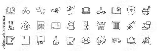 Education and learning line icon set. Vector pictograms of books, student, diploma, calculator, backpack, science, arts, research, communication, thin linear illustration.
