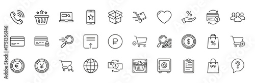 E-commerce and shopping line icon set. Vector pictograms of telephone, basket, laptop, delivery, payment, credit card, currency, safe, and support, thin linear illustration.