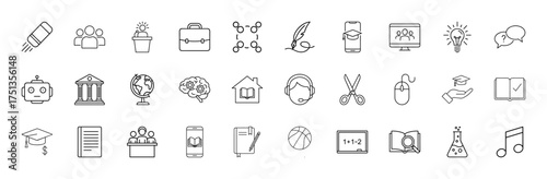 Education, learning, and technology line icon set. Vector pictograms of book, lightbulb, globe, brain, robot, computer, smartphone, and graduation cap, thin linear illustration.