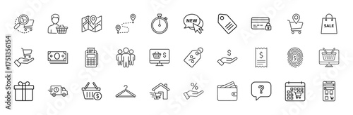 Shopping and e-commerce line icon set. Vector pictograms of carts, maps, credit cards, payment, delivery, gifts, users, and receipts, thin linear illustration.