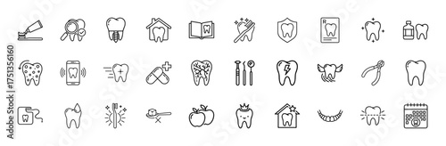 Dental line icon set. Vector pictograms of toothpaste, toothbrush, implant, examination, treatments, tools, oral hygiene, and health care, thin linear illustration.