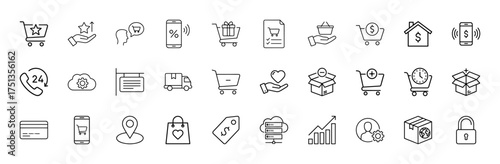 E-commerce line icon set. Vector pictograms of shopping carts, delivery truck, credit card, smartphones, parcels, and customer service, thin linear illustration.