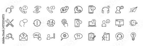 Customer support line icon set. Vector pictograms of headsets, phones, questions, information, tools, documents, and communication symbols, thin linear illustration.
