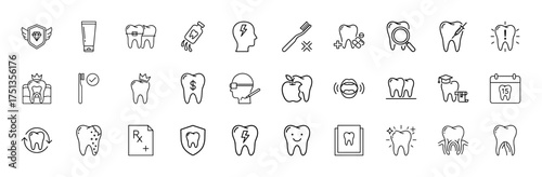 Dentistry line icon set. Vector pictograms of teeth, braces, toothpaste, toothbrush, oral pain, dental check-up, syringe, decay, crown, and hygiene, thin linear illustration.