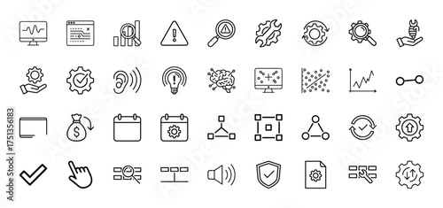 Data analysis and development line icon set. Vector pictograms of charts, warning, brain, settings, security, process, finance, and network, thin linear illustration.