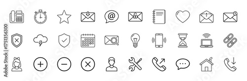 Web and app interface line icon set. Vector pictograms of telephone, stopwatch, email, notebook, calendar, smartphone, shield, user, tools, and home, thin linear illustration.