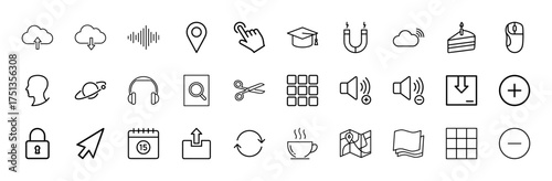 User interface line icon set. Vector pictograms of cloud, sound waves, click hand, graduation cap, magnet, mouse, planet, headphones, search, scissors, volume, map, thin linear illustration.