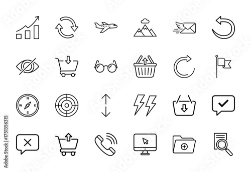 Business and web UI line icon set. Vector pictograms of chart, airplane, mountains, mail, shopping cart, eyeglasses, compass, and monitor, thin linear illustration.