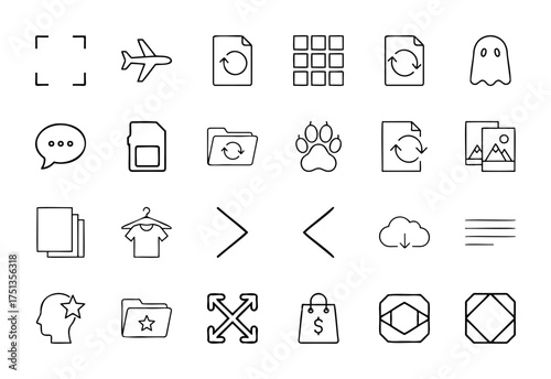 Universal interface line icon set. Vector pictograms of airplane, chat bubble, SIM card, paw print, shopping bag, and cloud download, thin linear illustration.