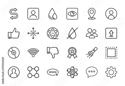 Web and user interface line icon set. Vector pictograms of user, location, eye, droplet, arrows, thumb, wifi, gear, network, upload, film reel, and atom, thin linear illustration.