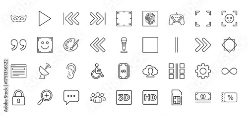 General interface line icon set. Vector pictograms of play, controller, fingerprint, palette, money, cloud, gear, lock, chat, group, 3D, HD, SIM, thin linear illustration.