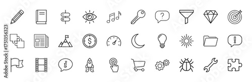 Universal line icon set. Vector pictograms of pencil, book, key, target, puzzle, newspaper, rocket, shopping cart, gears, lightbulb, thin linear illustration.