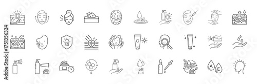 Skincare line icon set. Vector pictograms of vitamin C, face lift, sheet mask, sun protection, hydration, pH level, serums, creams, acne, ingredients, thin linear illustration.
