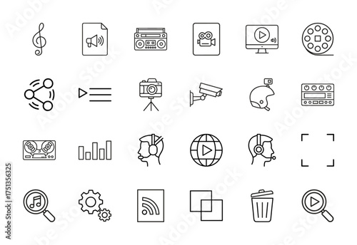 Media and entertainment line icon set. Vector pictograms of treble clef, film reel, video camera, boombox, security camera, headphones, share, and settings, thin linear illustration.
