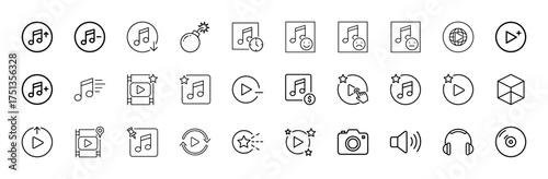 Media and entertainment line icon set. Vector pictograms of music notes, play controls, filmstrip, camera, headphones, volume, CD, and 3D cube, thin linear illustration.