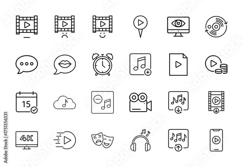 Digital media and entertainment line icon set. Vector pictograms of film strips, play buttons, chat bubbles, monitors, musical notes, video camera, headphones, thin linear illustration.