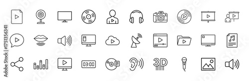 Media and technology line icon set. Vector pictograms of play buttons, webcam, monitors, headphones, camera, music files, speakers, cloud storage, microphones, 3D, thin linear illustration.