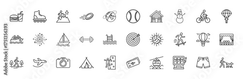 Recreation line icon set. Vector pictograms of burger, skates, hiking, baseball, cabin, cruise, sailboat, camera, climbing, gondola, slot machine, dog walker, thin linear illustration.