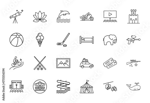 Leisure and entertainment outline icon set. Vector pictograms of telescope, dolphin, motorcycle, cinema, castle, beach ball, ice cream, carousel, waterslide, thin linear illustration.