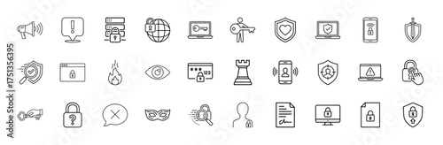 Cyber security line icon set. Vector pictograms of padlocks, shields, laptops, smartphones, keys, data servers, globe, and firewalls, thin linear illustration.