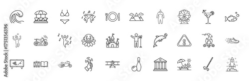 Leisure and recreation line icon set. Vector pictograms of waves, dining, mountains, ferris wheel, castle, dolphin, campfire, bowling, golf, thin linear illustration.