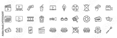Movie and cinema line icon set. Vector pictograms of clapperboard, tickets, film reel, popcorn, 3D glasses, projector, and masks, thin linear illustration.