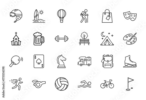 Lifestyle and recreation line icon set. Vector pictograms of ski helmet, surfboard, hot air balloon, hiker, shopping bag, masks, dumbbell, camping tent, RV, backpack, thin linear illustration.