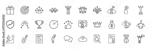 Business success line icon set. Vector pictograms of gift, target, trophy, certificate, crown, medal, celebration, goal, and progress, thin linear illustration.