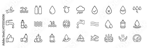 Water and hydration line icon set. Vector pictograms of water drops, bottles, faucets, swimming, rain, conservation, and purification, thin linear illustration.