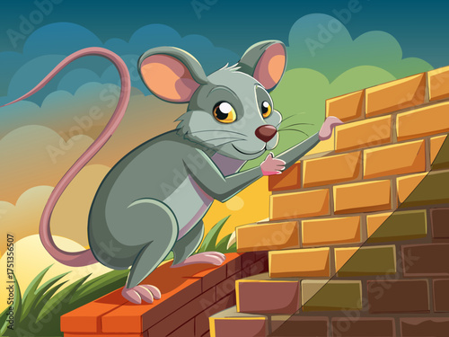 vector of A smart gray mouse with a long tail is climbing a brick wall