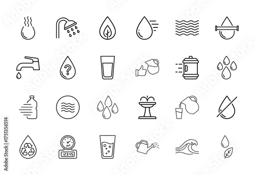 Water and ecology line icon set. Vector pictograms of shower, faucet, drinking glass, water drops, waves, bottle, fountain, recycling, and watering can, thin linear illustration.