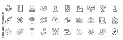 Business strategy line icon set. Vector pictograms of briefcases, checklist, rocket, diamond, chess rook, trophy, lightbulb, puzzle, chart, shield, thin linear illustration.