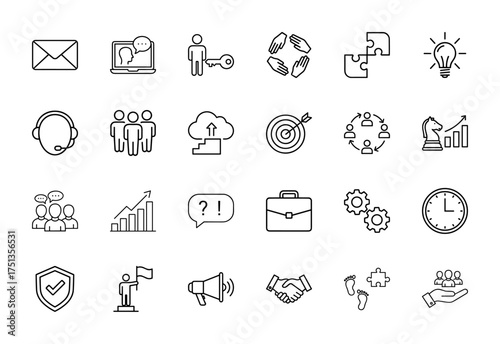 Business and communication line icon set. Vector pictograms of mail, laptop, teamwork, lightbulb, target, strategy, growth, gears, security, and handshake, thin linear illustration.