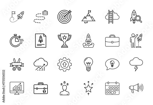 Startup business success line icon set. Vector pictograms of rocket, target, trophy, briefcase, lightbulb, monitor, calendar, mountain, stopwatch, thin linear illustration.