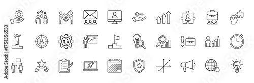 Business management line icon set. Vector pictograms of process, team, agreement, growth, success, strategy, ideas, analytics, and planning, thin linear illustration.