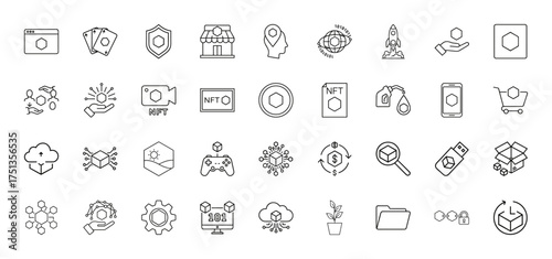 NFT blockchain technology line icon set. Vector pictograms of digital assets, metaverse, crypto, gaming, and secure transactions, linear illustration.