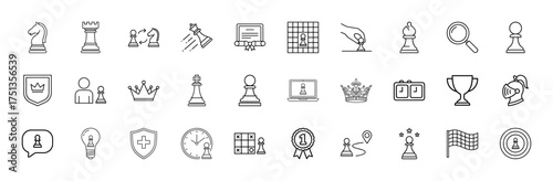Chess and strategy line icon set. Vector pictograms of knight, rook, pawn, king, queen, bishop, chessboard, clock, trophy, crown, medal, and game elements, thin linear illustration.