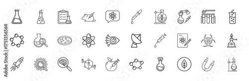 Science and research line icon set. Vector pictograms of flasks, atoms, molecules, DNA, syringes, rockets, petri dishes, biohazard, and scientific tools, thin linear illustration.