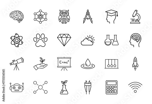 Science, education, and research line icon set. Vector pictograms of brain, atom, microscope, telescope, robot, flask, calculator, and graduation cap, thin linear illustration.