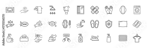 Hygiene and personal care line icon set. Vector pictograms of toilet paper, shower, toilet, bandages, gloves, face mask, hand washing, sanitizer, and laundry items, thin linear illustration.